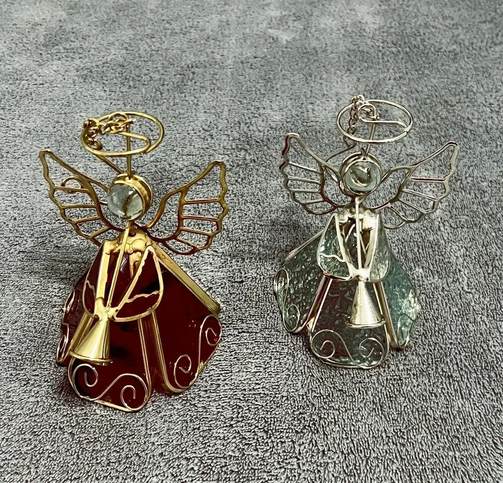 Vintage Stained Glass Angel Figurine Christmas Ornaments Red and Blue Lot of 2